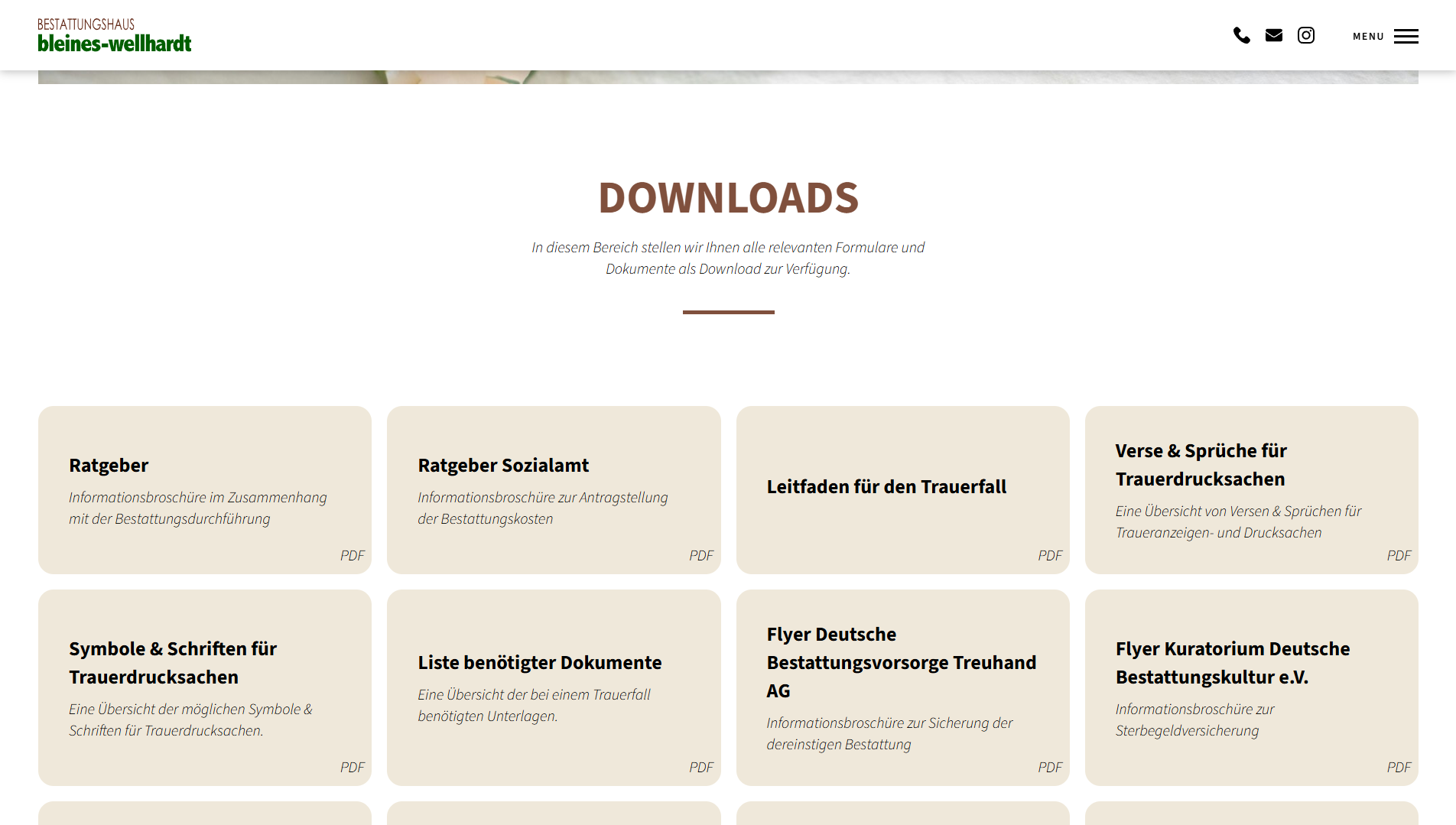 Downloadbereich einer Bestattungswebsite mit Formularen und Dokumenten