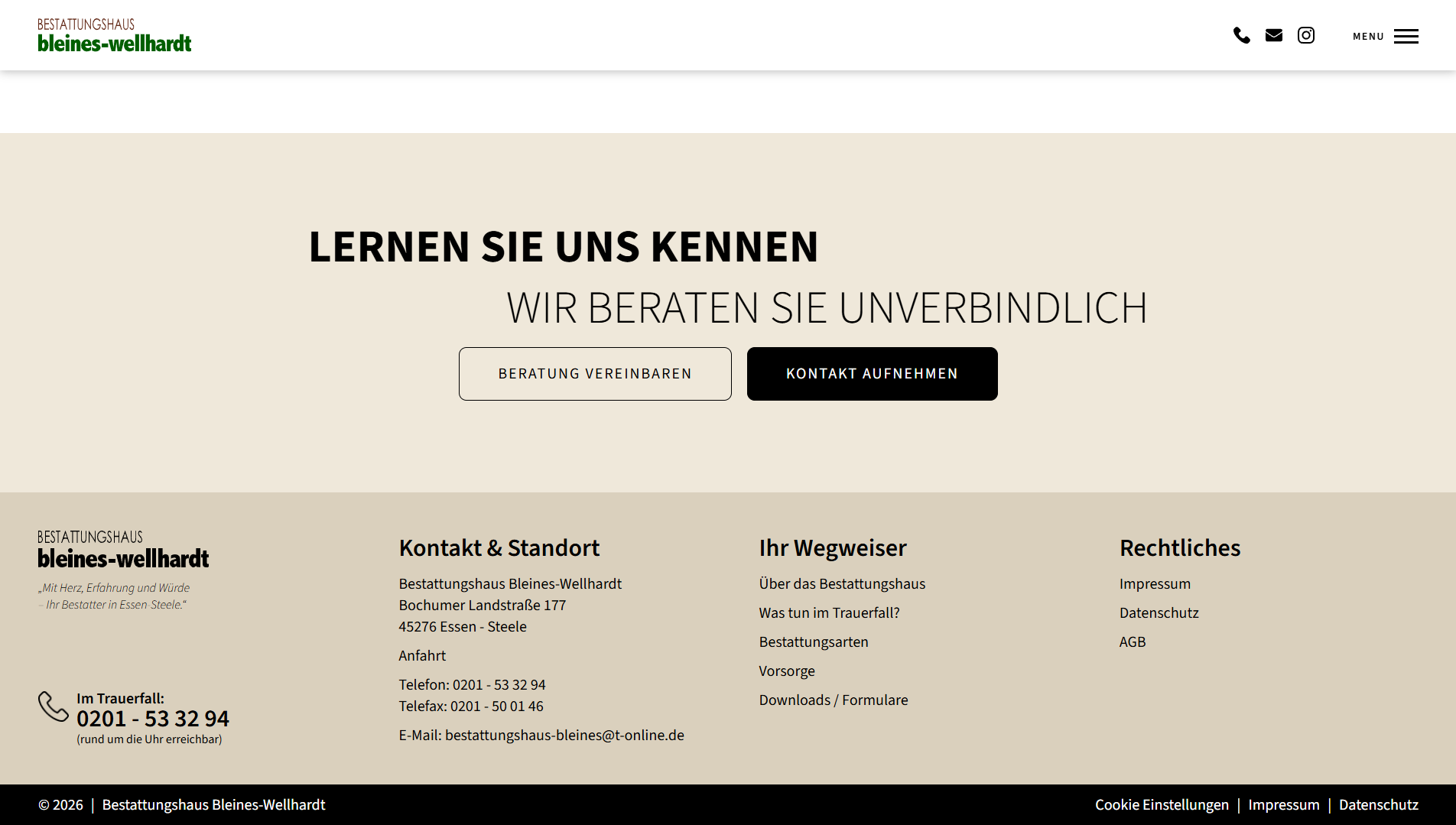 Website eines Bestattungshauses mit Call-to-Action zur Beratung und Kontaktaufnahme
