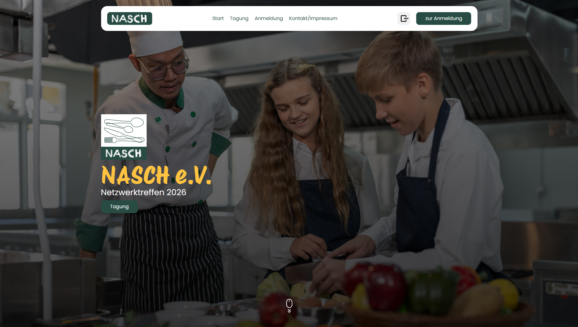 Hero-Bereich der NASCH Website mit Kindern beim gemeinsamen Kochen