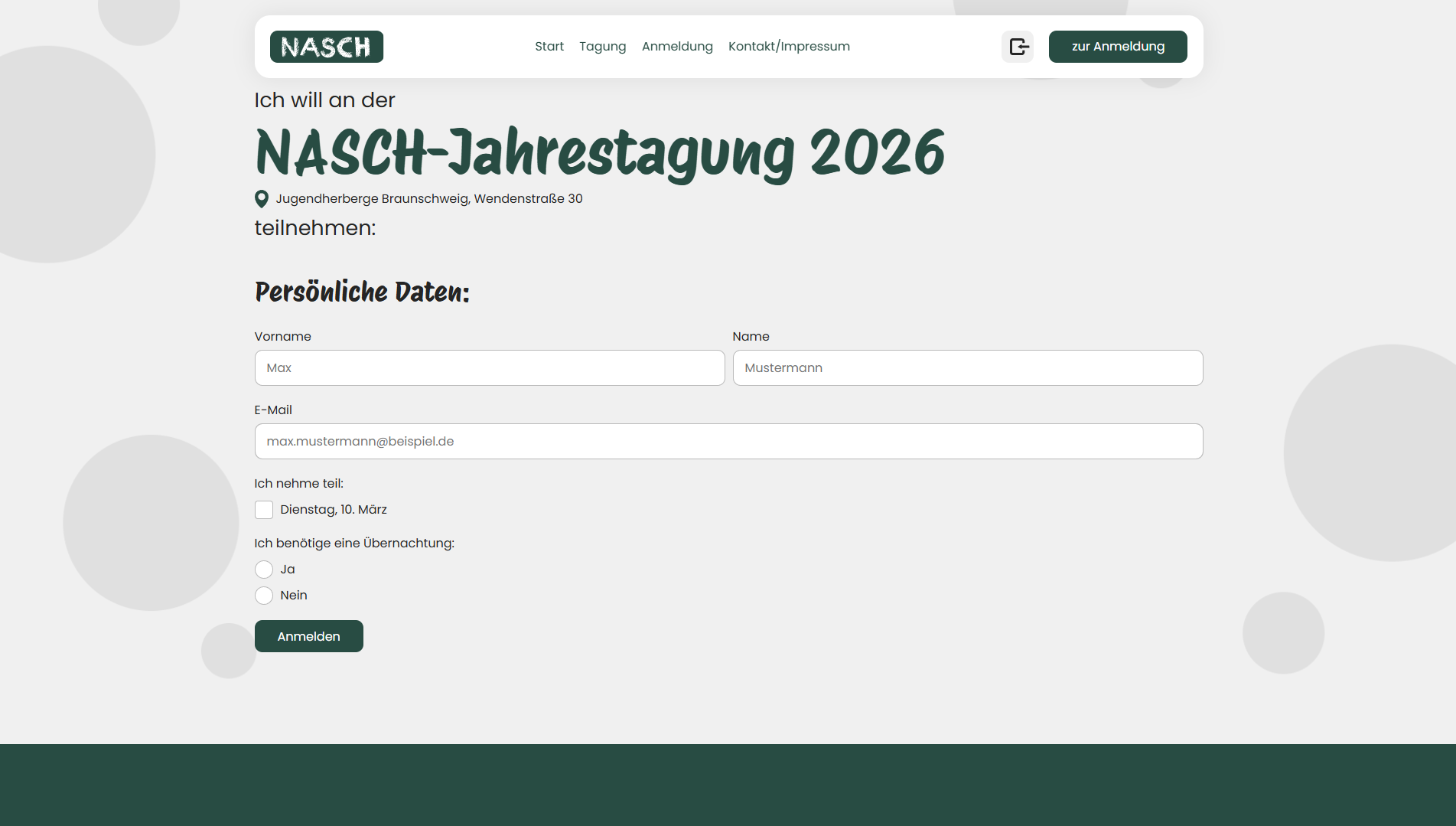 Anmeldeformular für die NASCH Jahrestagung 2026 mit Eingabefeldern und Auswahloptionen